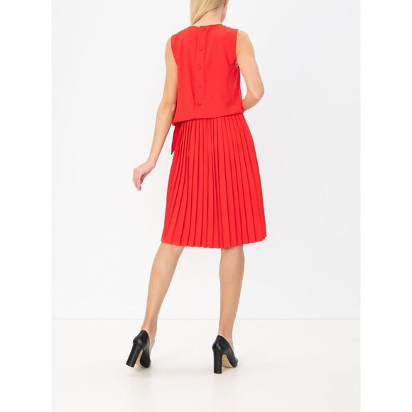 MARELLA Red Sleeveless Blouson Pleated Side Tie Button Back Midi Dress Size 8 - Picture 2 of 9